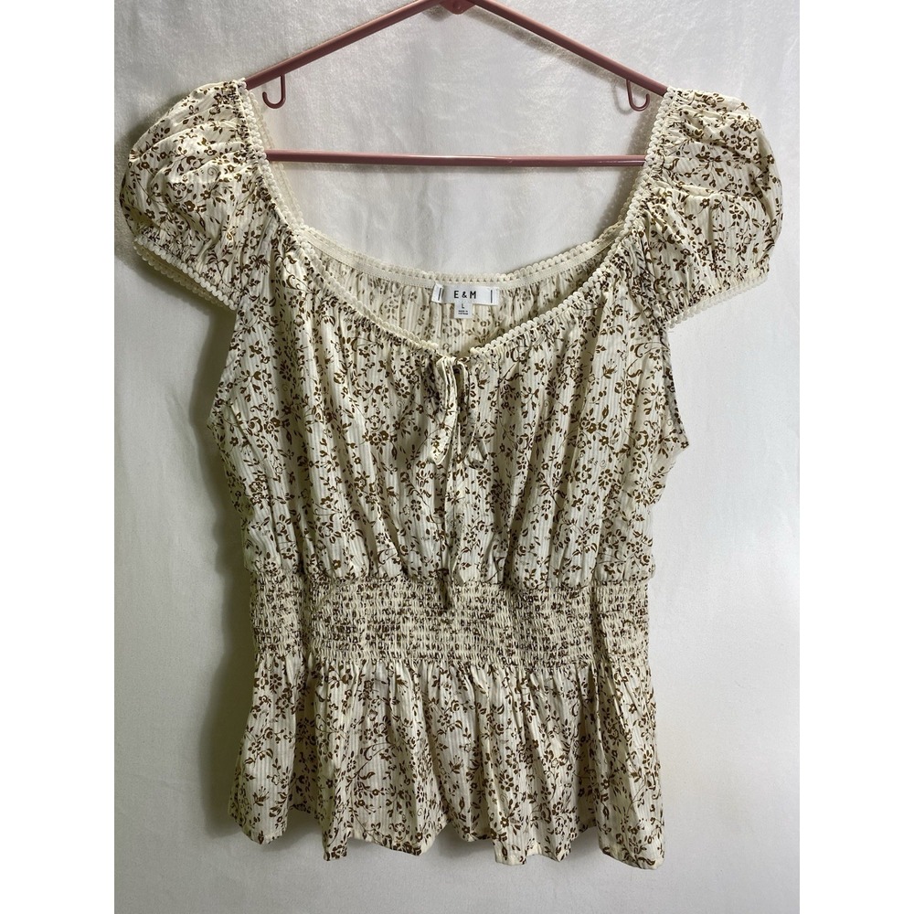 E&M Women Floral Smocked Waist Puff Sleeve Cotton Top Cream Brown EM6121 Large